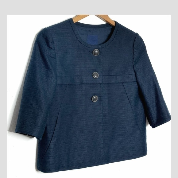 J Crew Blazer Cropped Jacket 3 Button Closure Navy Blue Textured Elbow Sleeves 8 - Picture 9 of 9